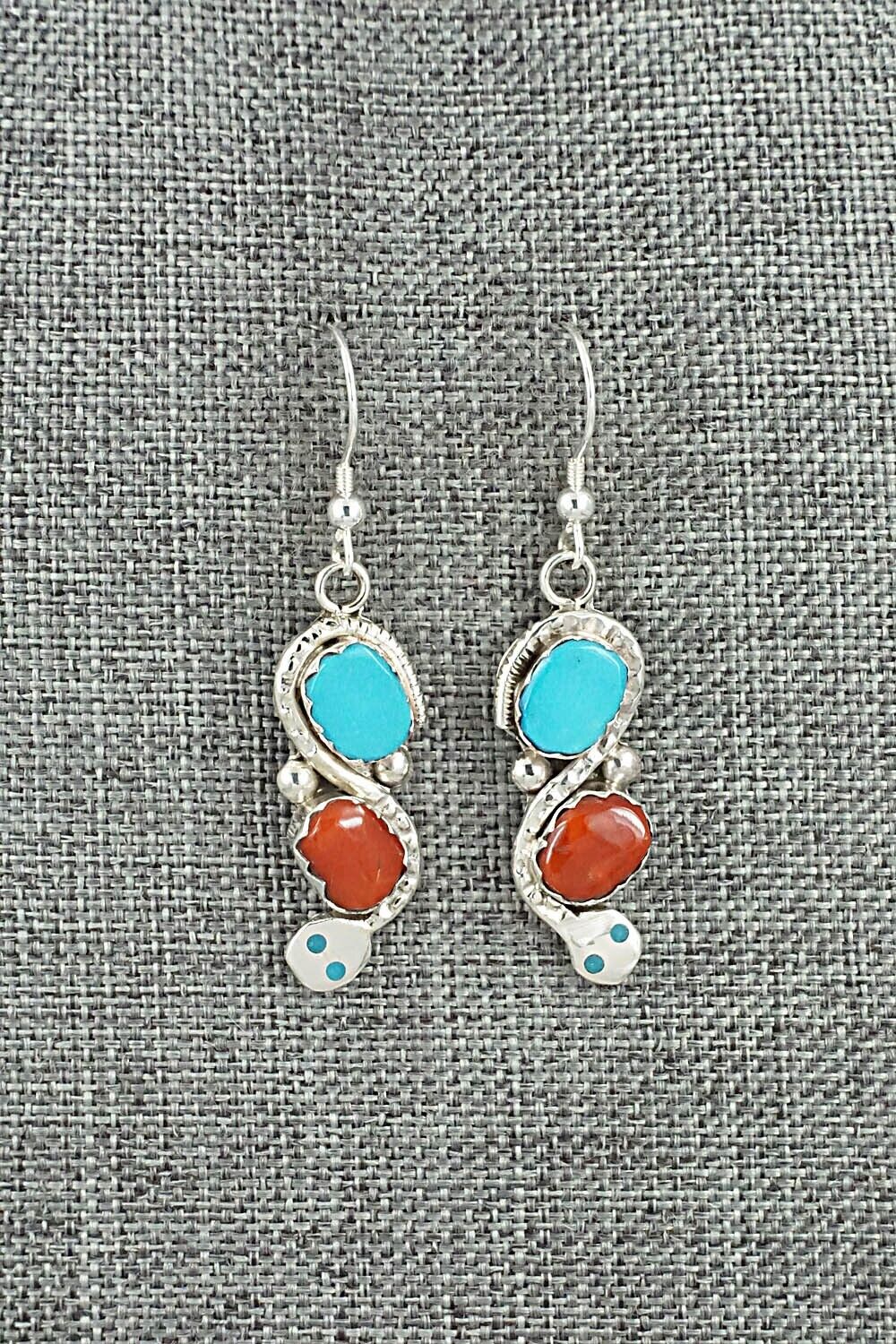 Turquoise, Coral & Sterling Silver Earrings - Joy Calavaza
