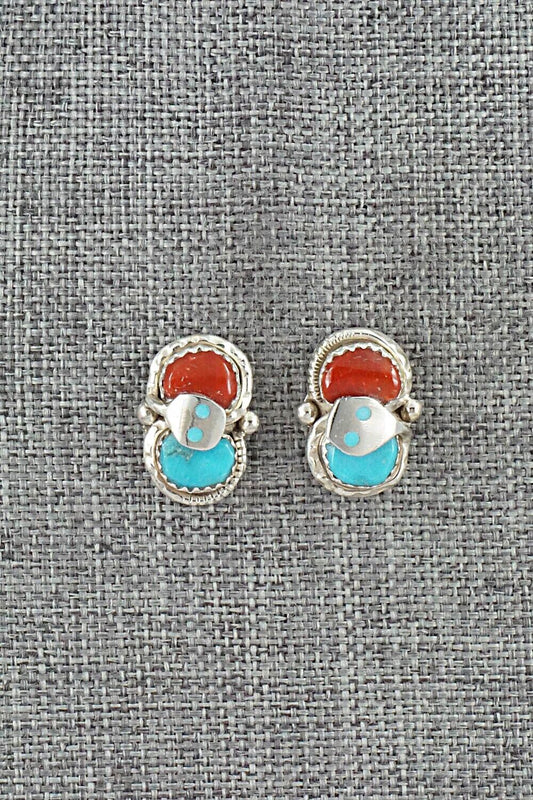 Turquoise, Coral & Sterling Silver Earrings - Joy Calavaza