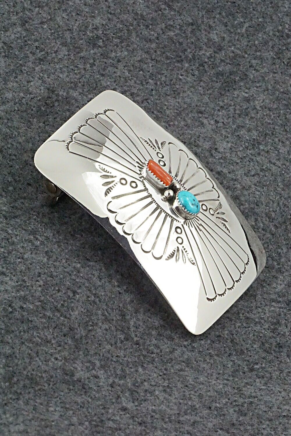 Turquoise, Coral & Sterling Silver Belt Buckle - Joann Silver