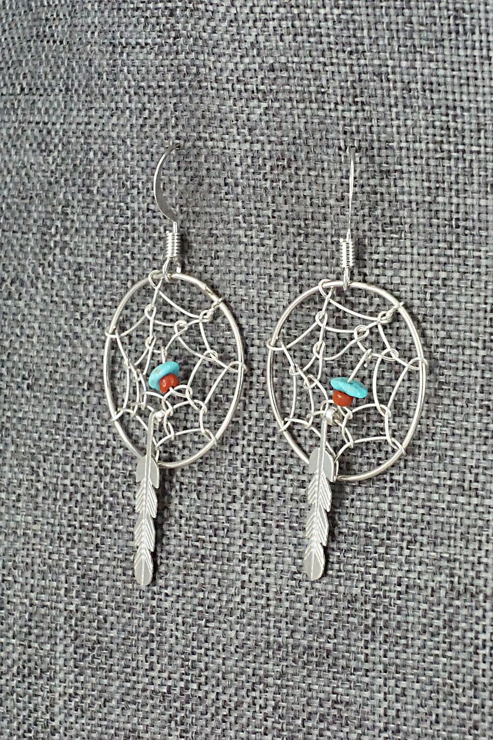 Turquoise, Coral & Sterling Silver Earrings - Helena Yazzie