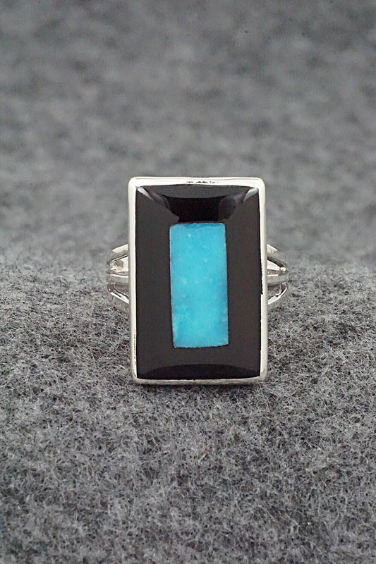 Turquoise, Onyx & Sterling Silver Ring - Harlan Coonsis - Size 8