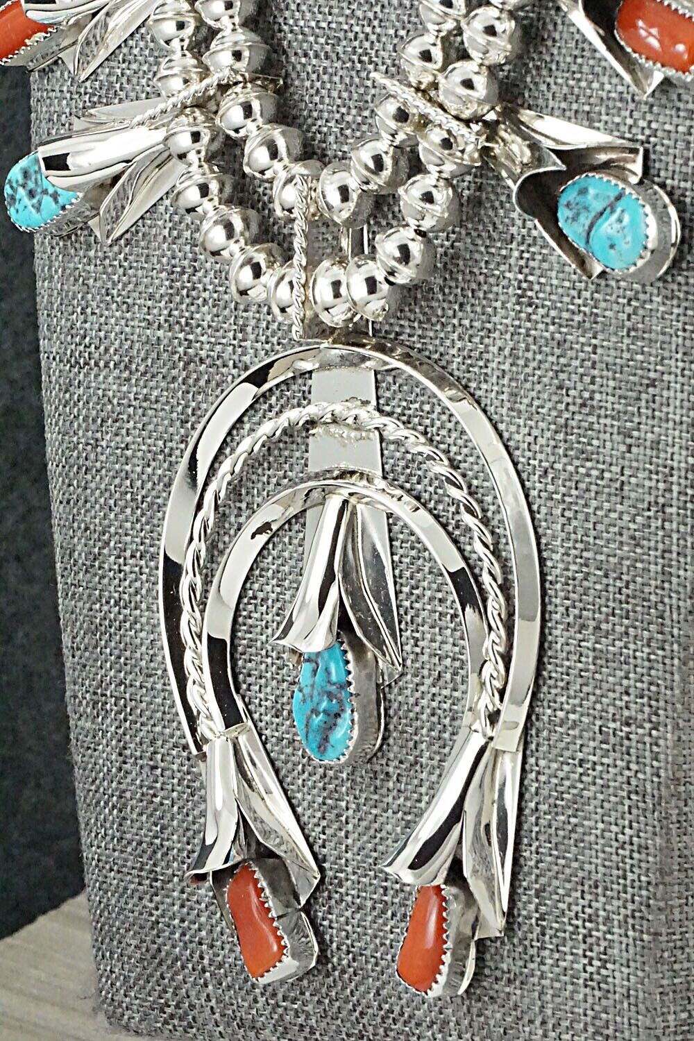 Turquoise, Coral & Sterling Silver Squash Blossom Set - Louise Yazzie