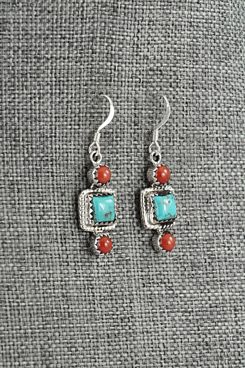 Turquoise, Coral & Sterling Silver Earrings - Gary Shorty