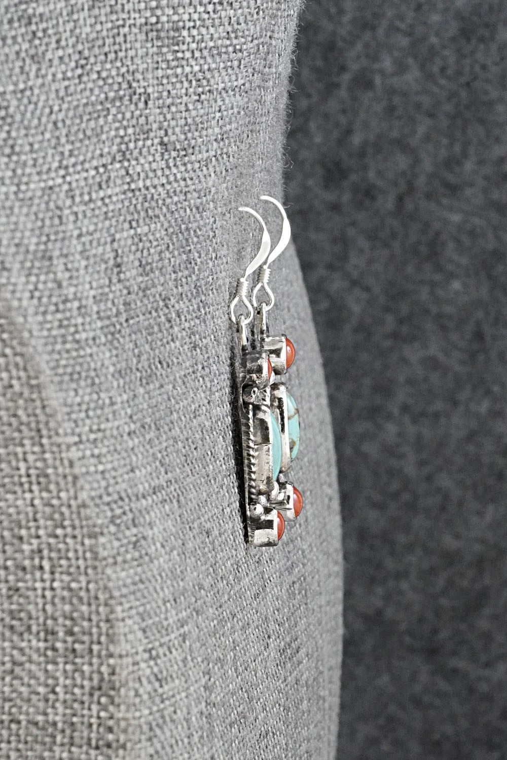 Turquoise, Coral & Sterling Silver Earrings - Verley Betone