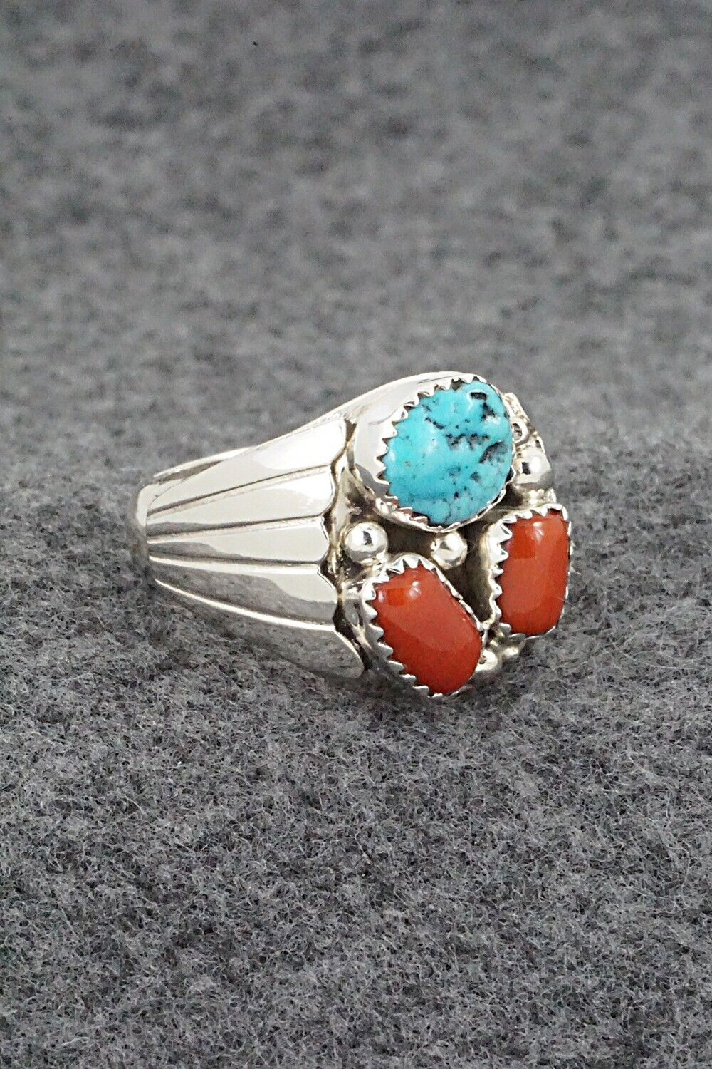 Turquoise, Coral & Sterling Silver Ring - Anna Spencer - 10.5
