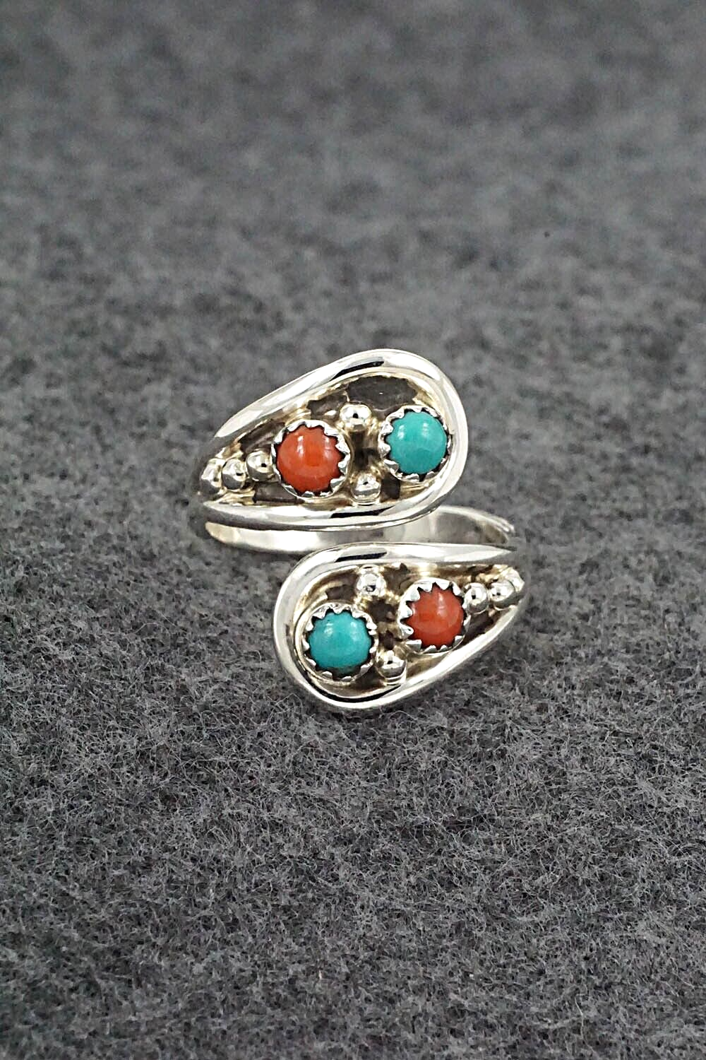 Turquoise, Coral & Sterling Silver Ring - Genevieve Francisco - Size 8.5