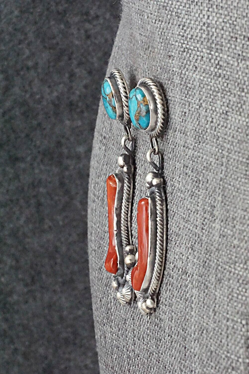 Turquoise, Coral & Sterling Silver Earrings - Tom Lewis