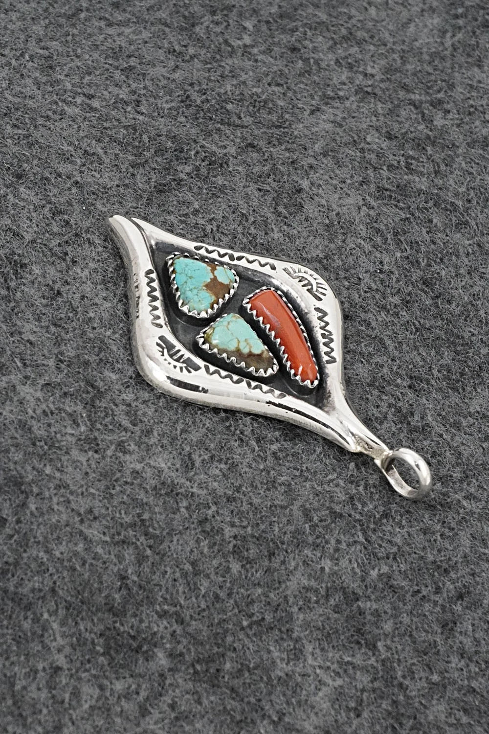 Turquoise, Coral & Sterling Silver Pendant - Wilbur Iule