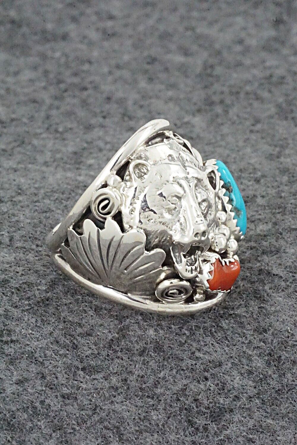 Turquoise, Coral & Sterling Silver Ring - Jeannette Saunders - Size 10.75
