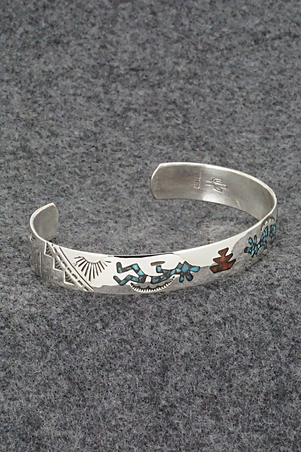 Turquoise, Coral Chip Inlay & Sterling Silver Bracelet - Joleen Yazzie