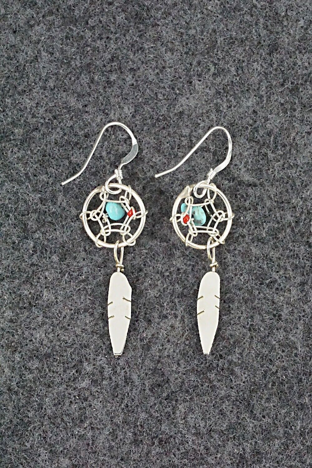 Turquoise, Coral & Sterling Silver Earrings - Lorenzo Arviso Jr.