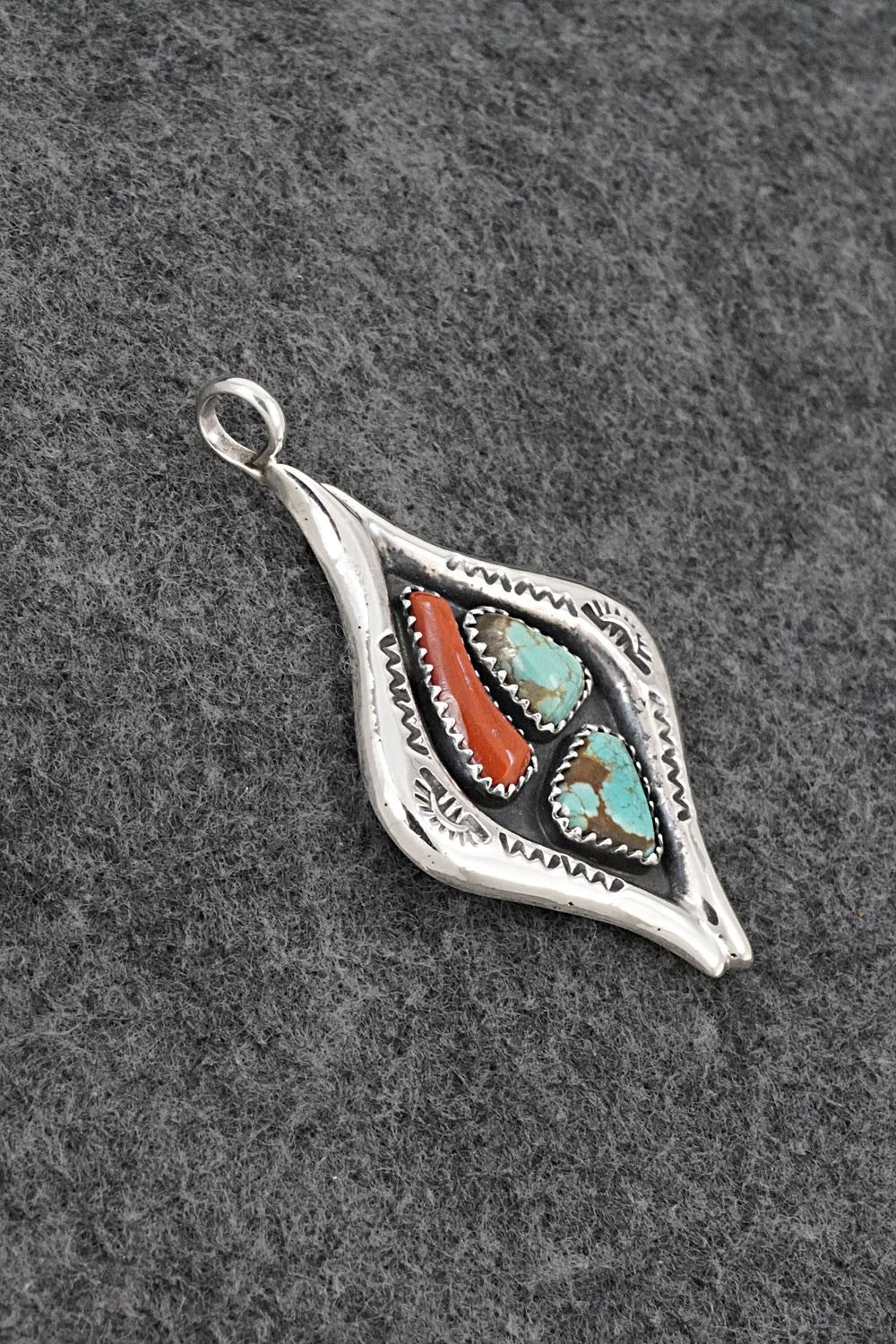 Turquoise, Coral & Sterling Silver Pendant - Wilbur Iule