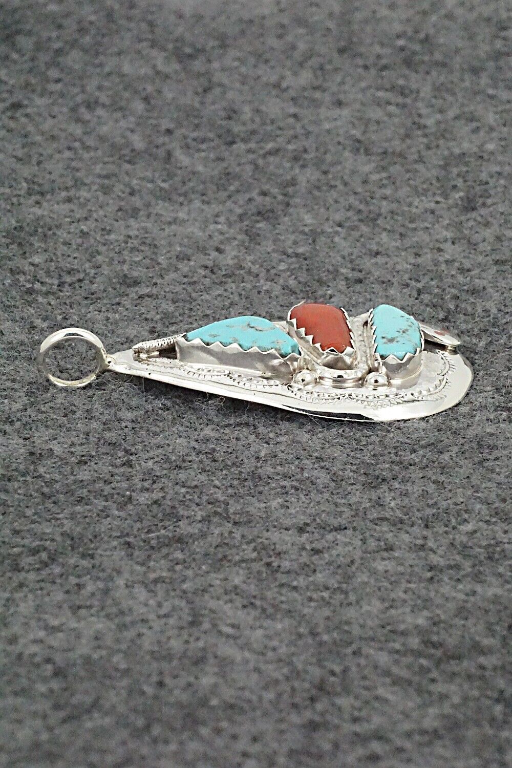 Turquoise, Coral and Sterling Silver Pendant - Joy Calavaza