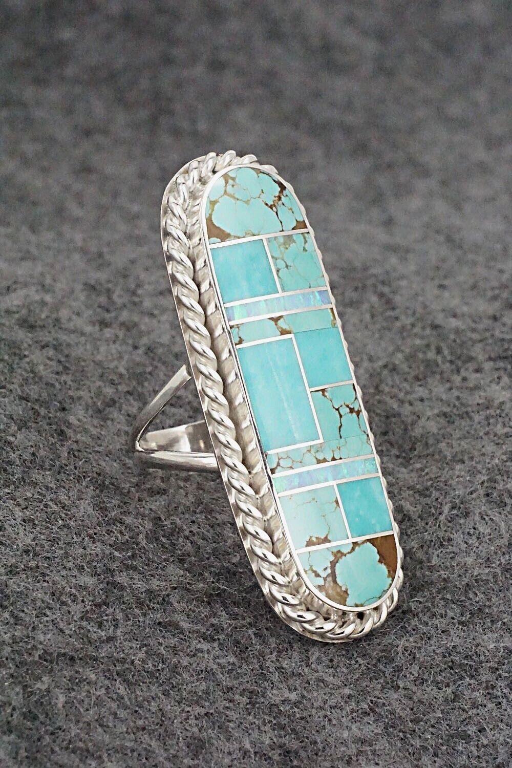 Turquoise, Opalite & Sterling Silver Inlay Ring - Curtis Manygoats - Size 7.5