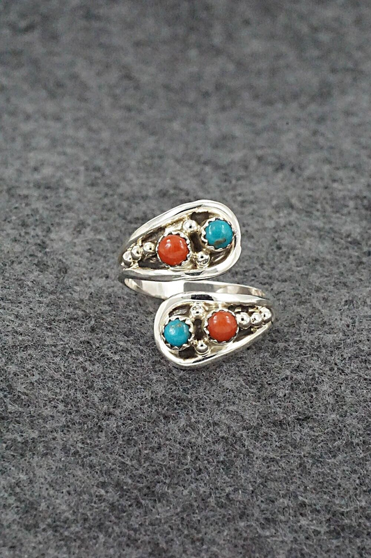 Turquoise, Coral & Sterling Silver Ring - Genevieve Francisco - Size 8