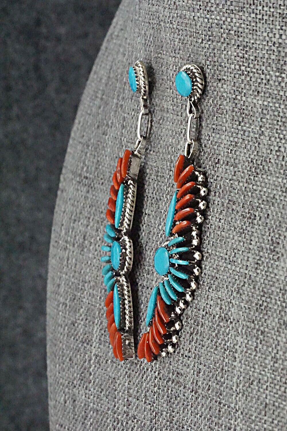Turquoise, Coral & Sterling Silver Earrings - Edmund Cooeyate