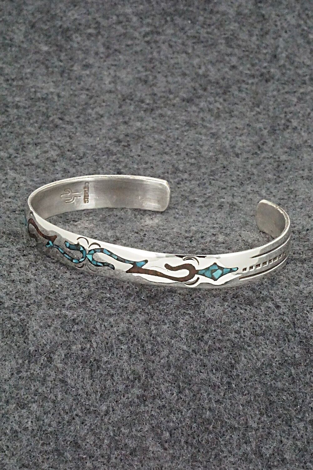 Turquoise, Coral Chip Inlay & Sterling Silver Bracelet - Joleen Yazzie