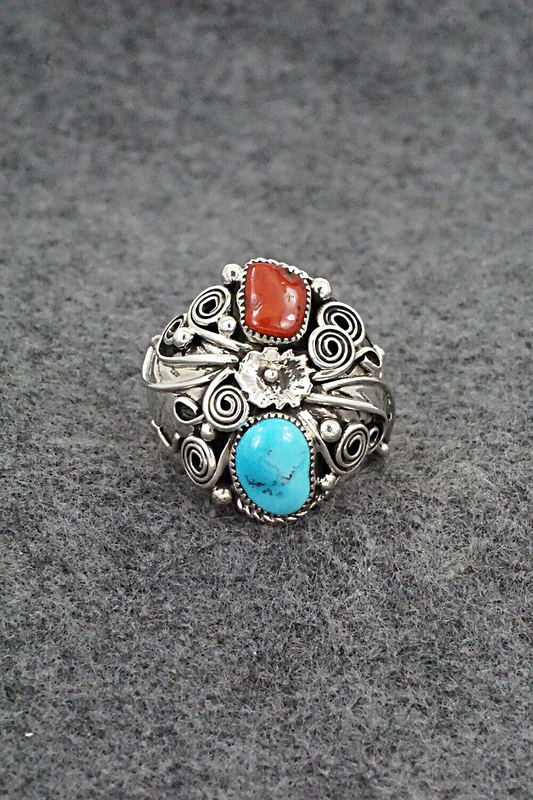 Turquoise, Coral & Sterling Silver Ring - Sarah Yazzie - Size 10.5