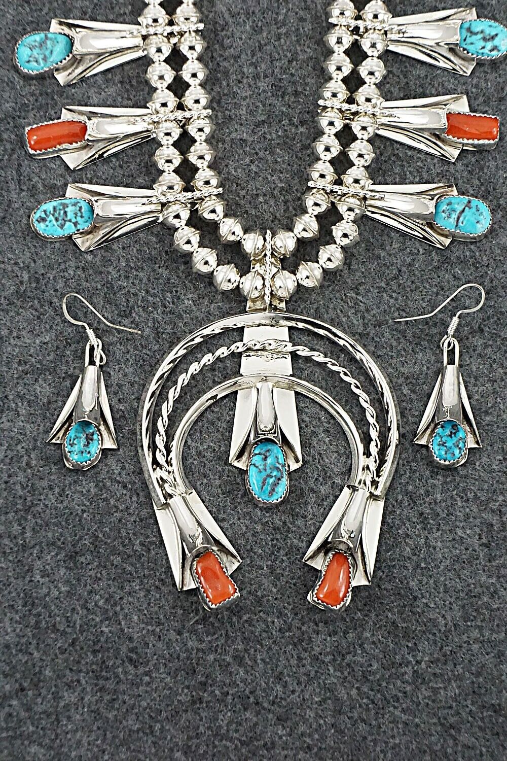 Turquoise, Coral & Sterling Silver Squash Blossom Set - Louise Yazzie