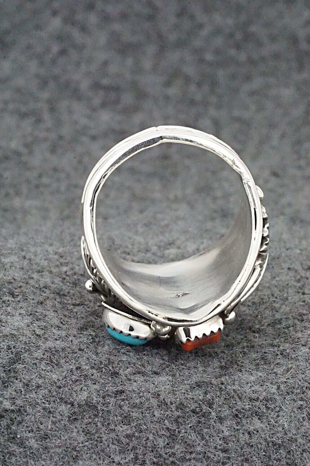 Turquoise, Coral & Sterling Silver Ring - Jeannette Saunders - Size 13.5