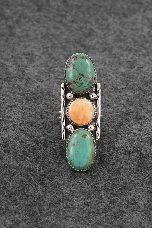Turquoise, Spiny Oyster & Sterling Silver Ring - Priscilla Reeder - Size 7.5