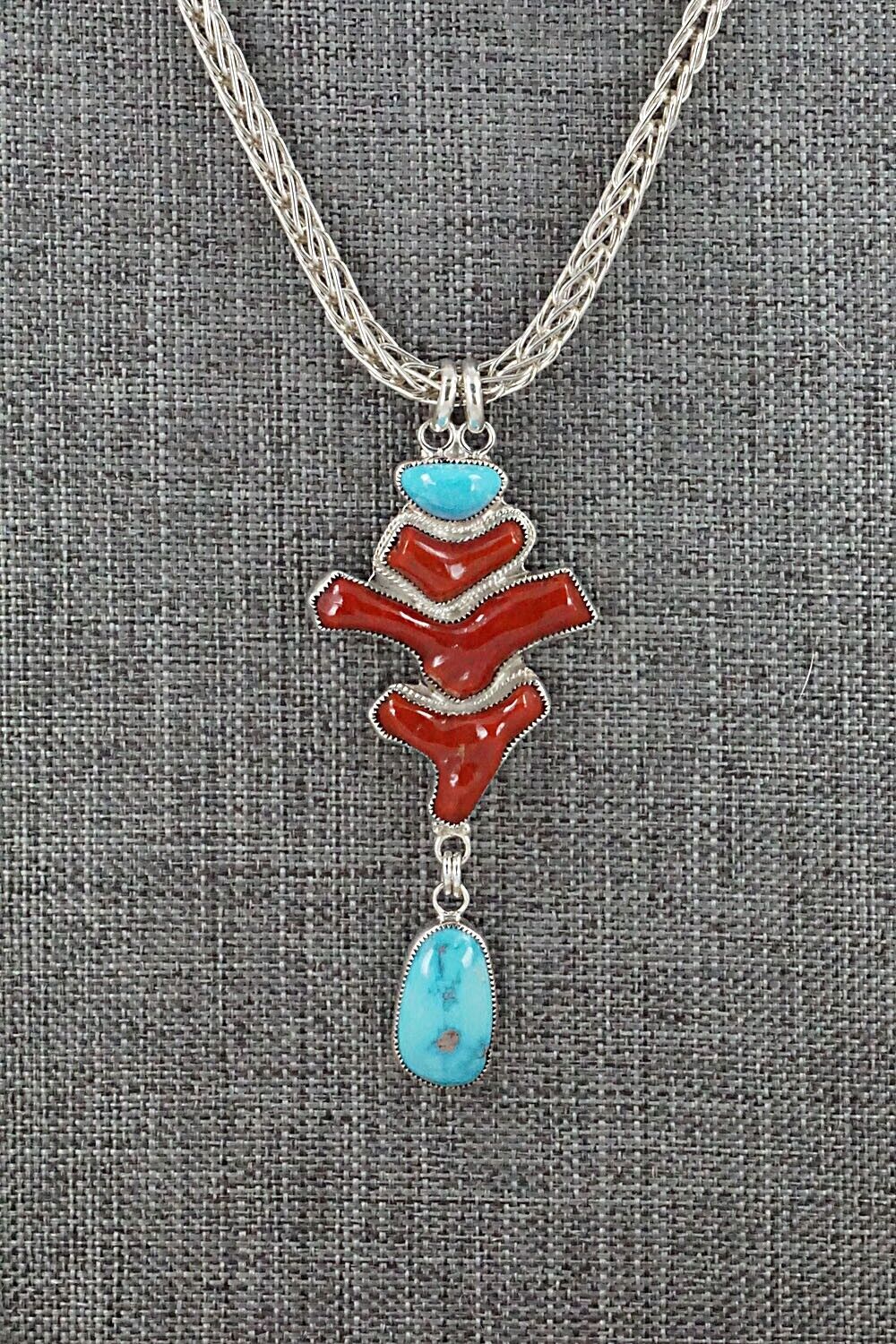 Turquoise, Coral & Sterling Silver Necklace - Smokey Gchachu