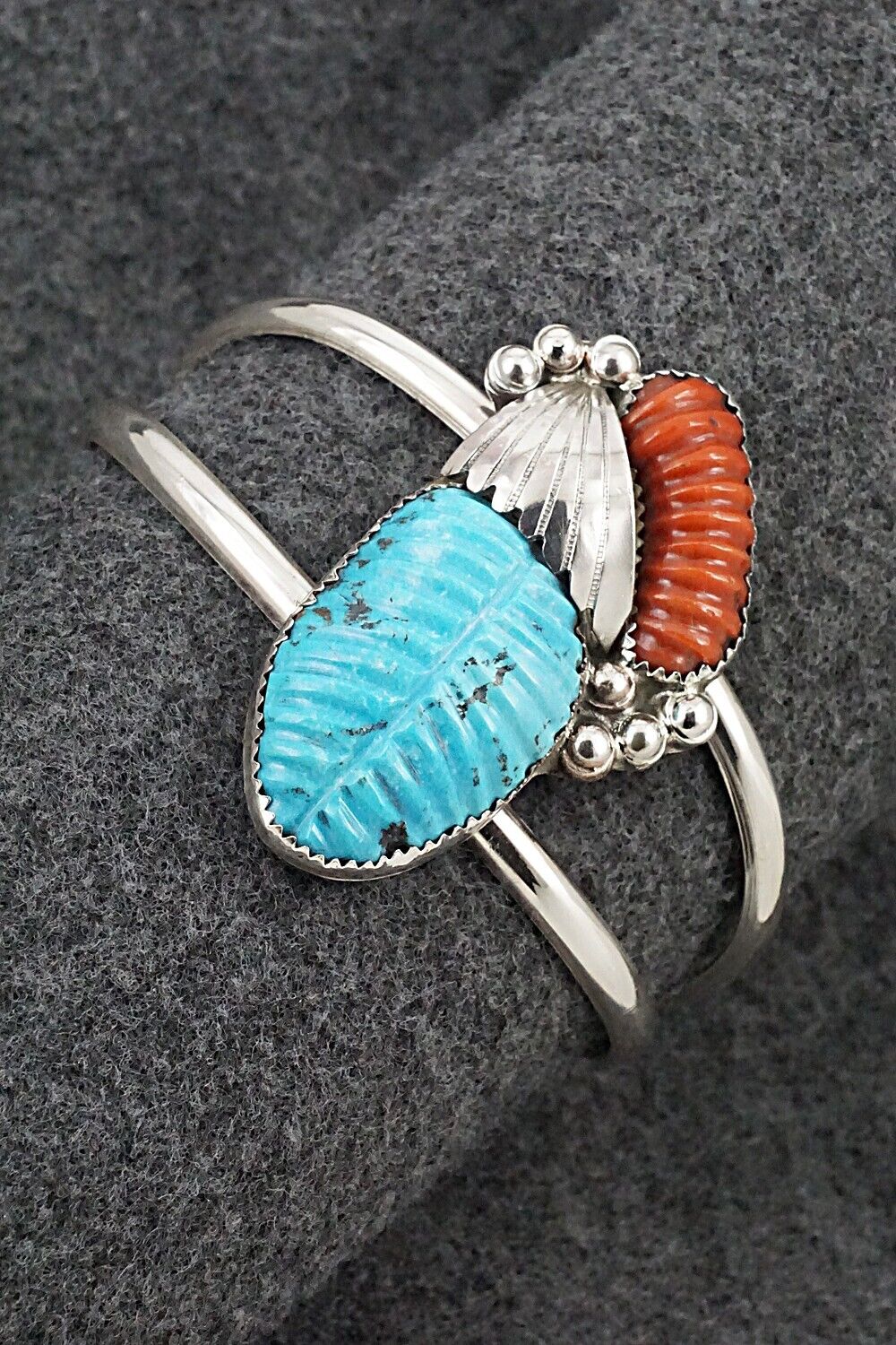 Turquoise, Coral & Sterling Silver Bracelet - Lyolita Tsattie