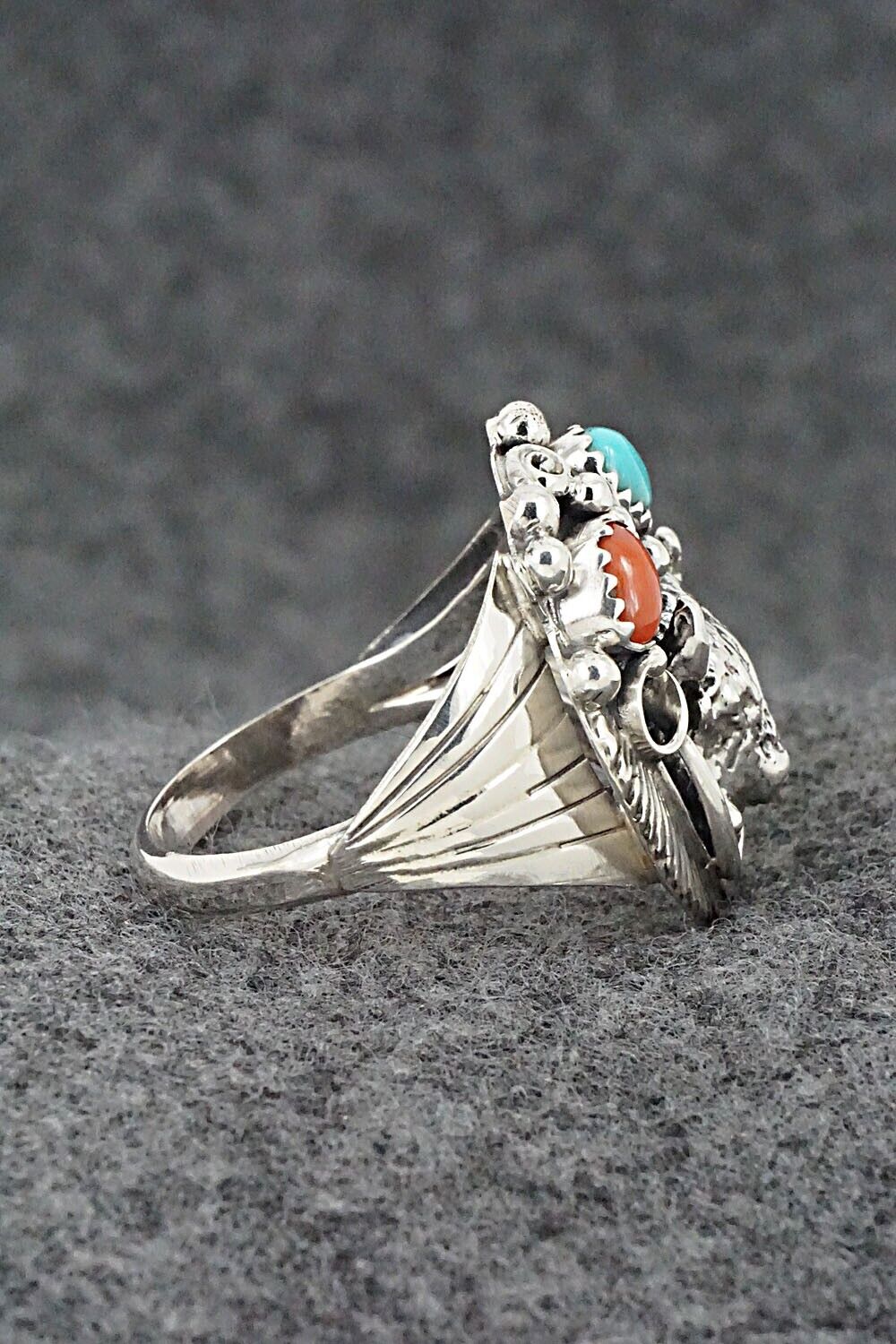 Turquoise, Coral & Sterling Silver Ring - Jeannette Saunders - Size 12.5