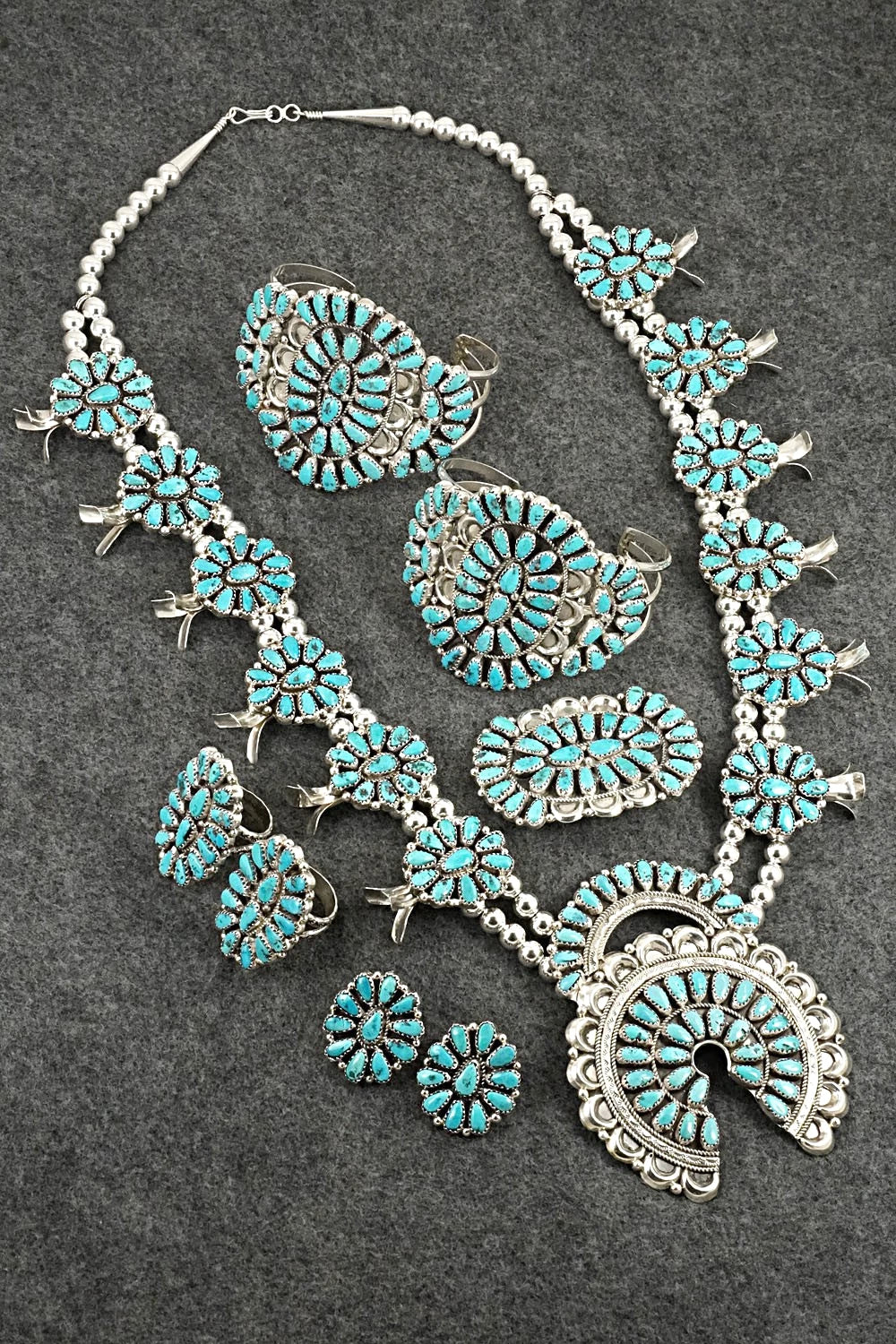 Turquoise & Sterling Silver Squash Blossom Set - Justina Wilson