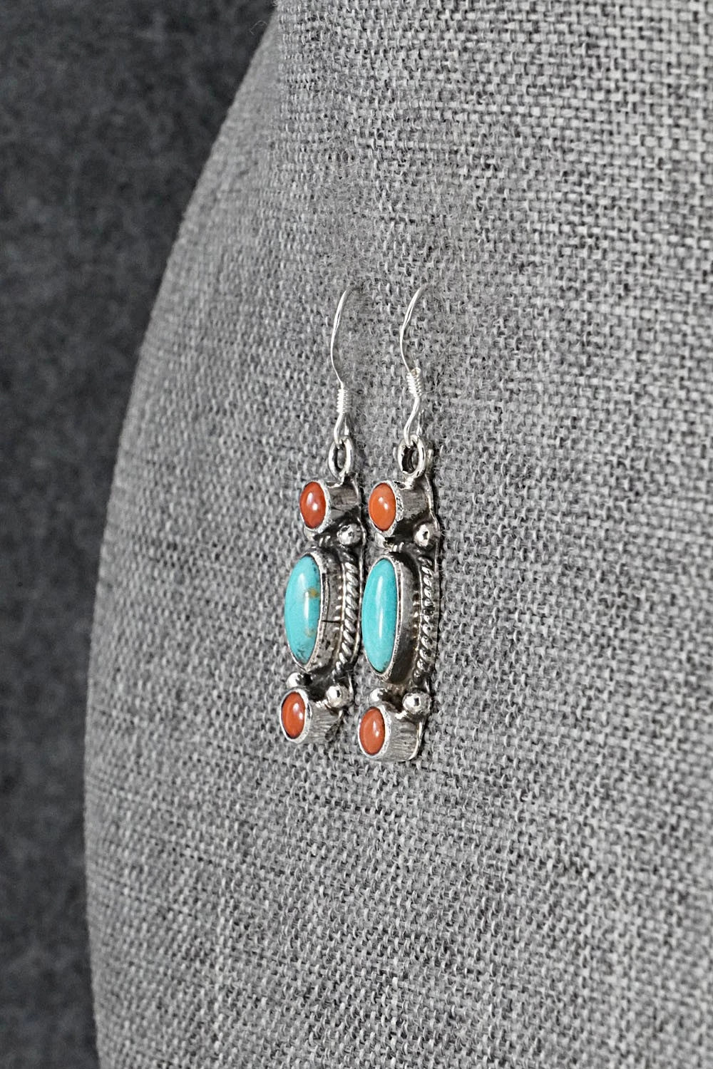 Turquoise, Coral & Sterling Silver Earrings - Verley Betone