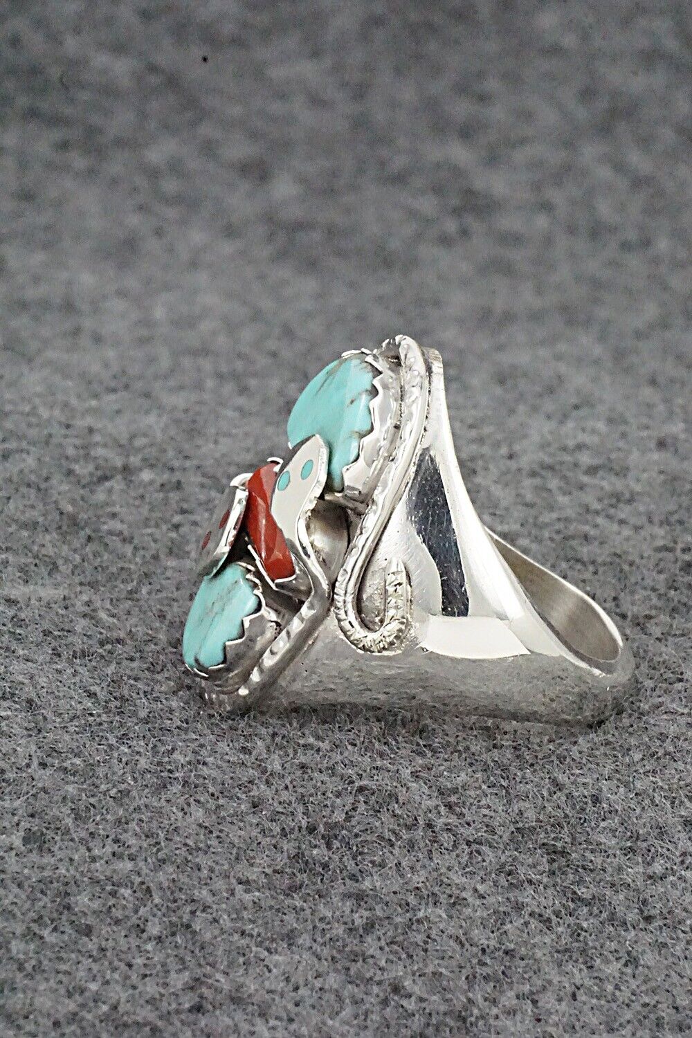 Turquoise, Coral & Sterling Silver Ring - Joy Calavaza - Size 14