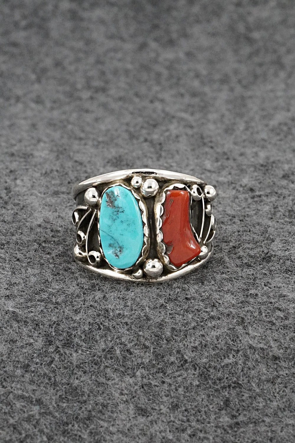 Turquoise, Coral & Sterling Silver Ring - Darrell Morgan - Size 13