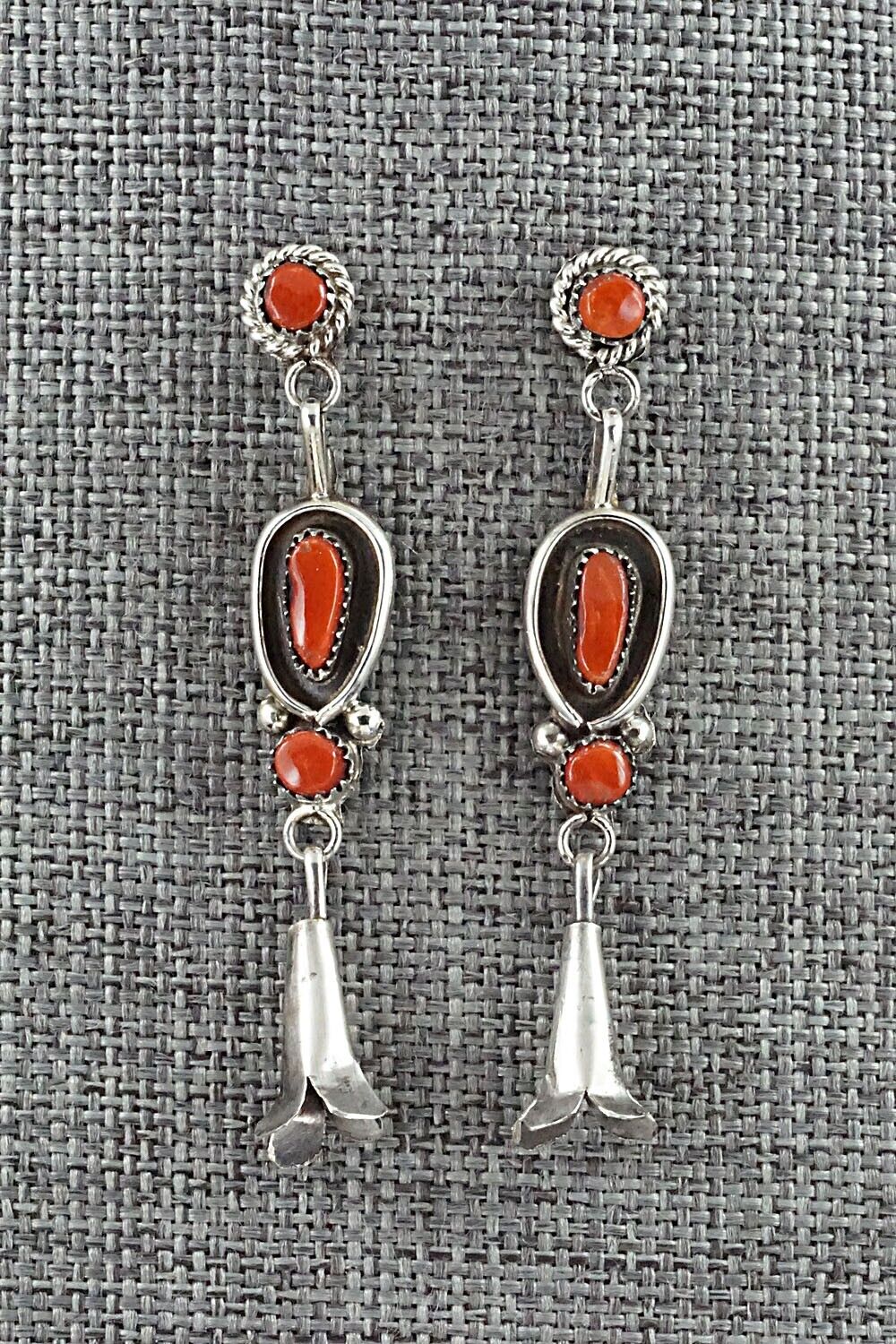 Coral & Sterling Silver Squash Blossom and Earrings Set - Vie Bobelu