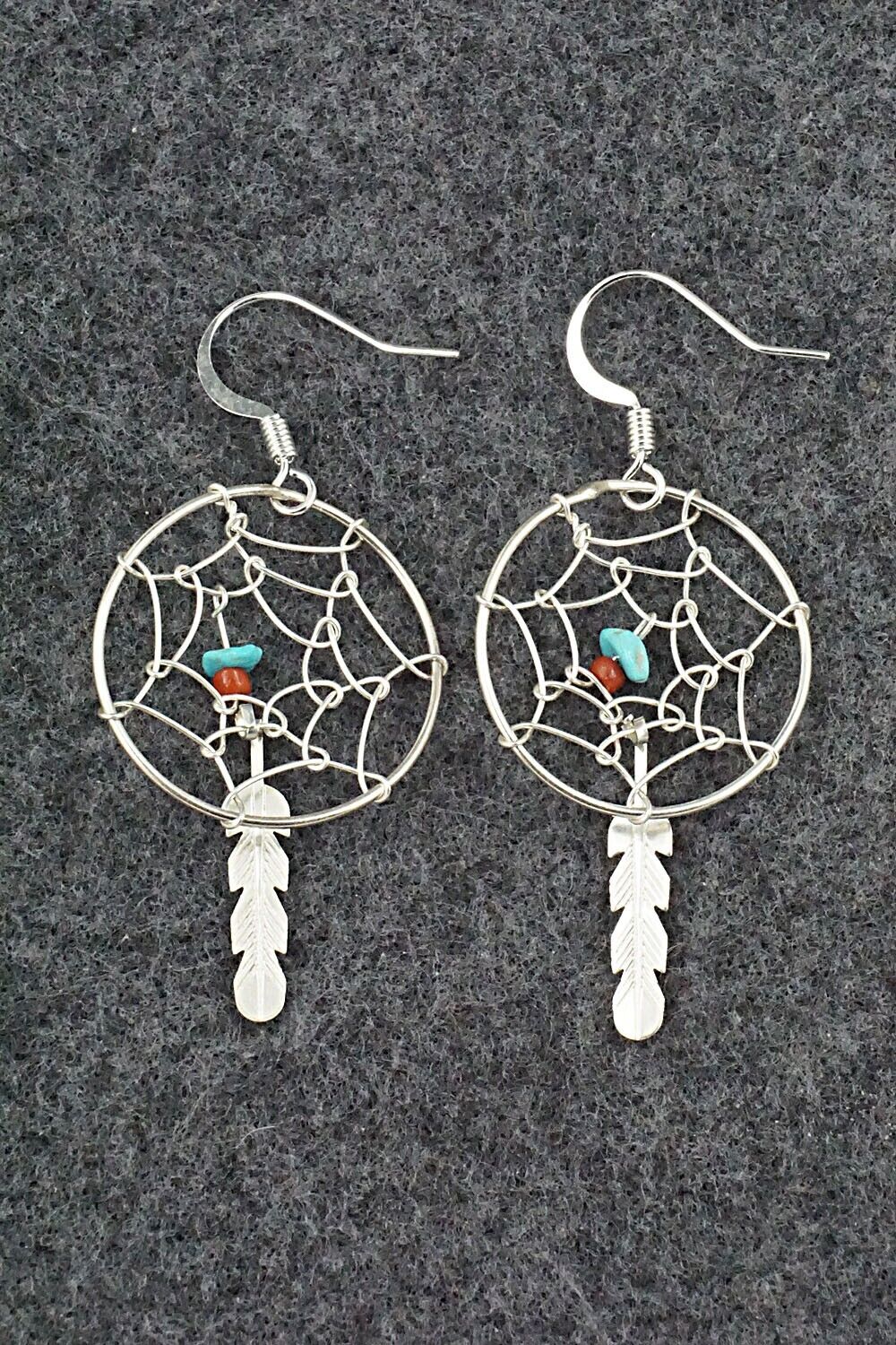 Turquoise, Coral & Sterling Silver Earrings - Helena Yazzie