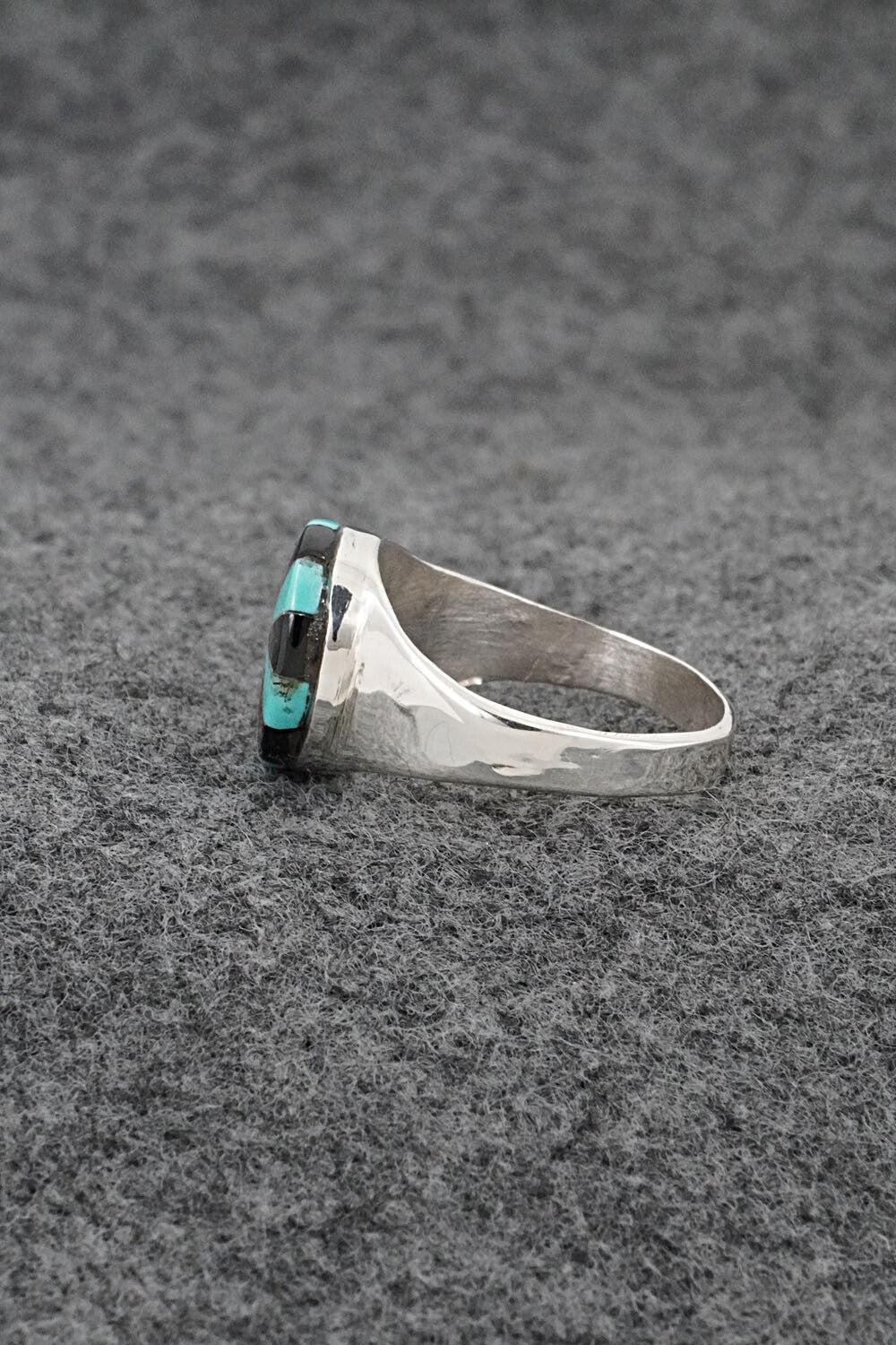 Turquoise, Onyx & Sterling Silver Inlay Ring - Johnson Laweka - Size 8