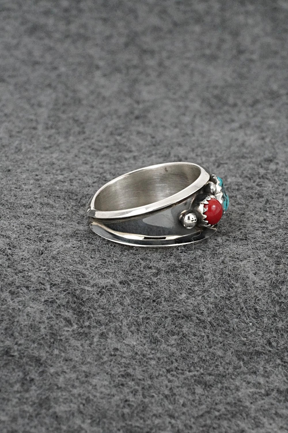 Turquoise, Coral & Sterling Silver Ring - Paul Largo - Size 10