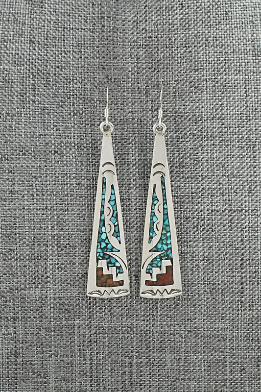 Turquoise, Coral Chip & Sterling Silver Earrings - Joleen Yazzie