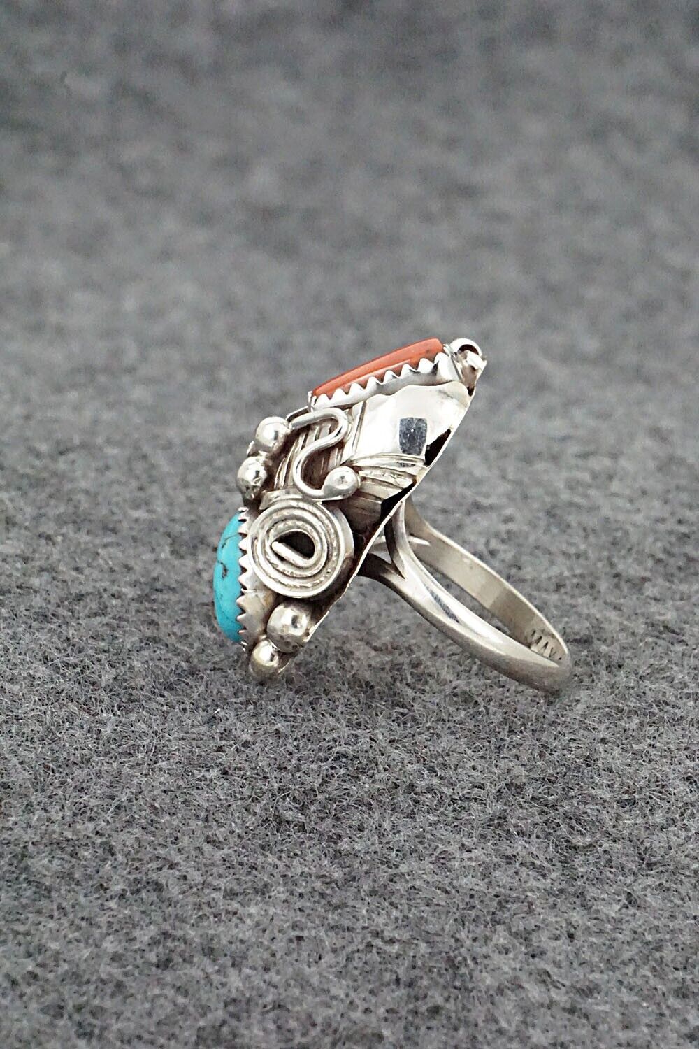 Turquoise, Coral & Sterling Silver Ring - Max Calladitto - Size 5