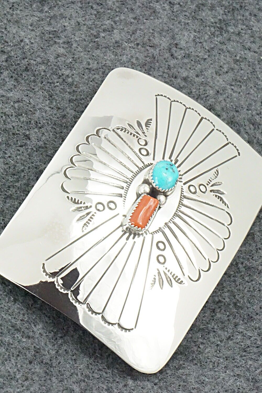Turquoise, Coral & Sterling Silver Belt Buckle - Joann Silver