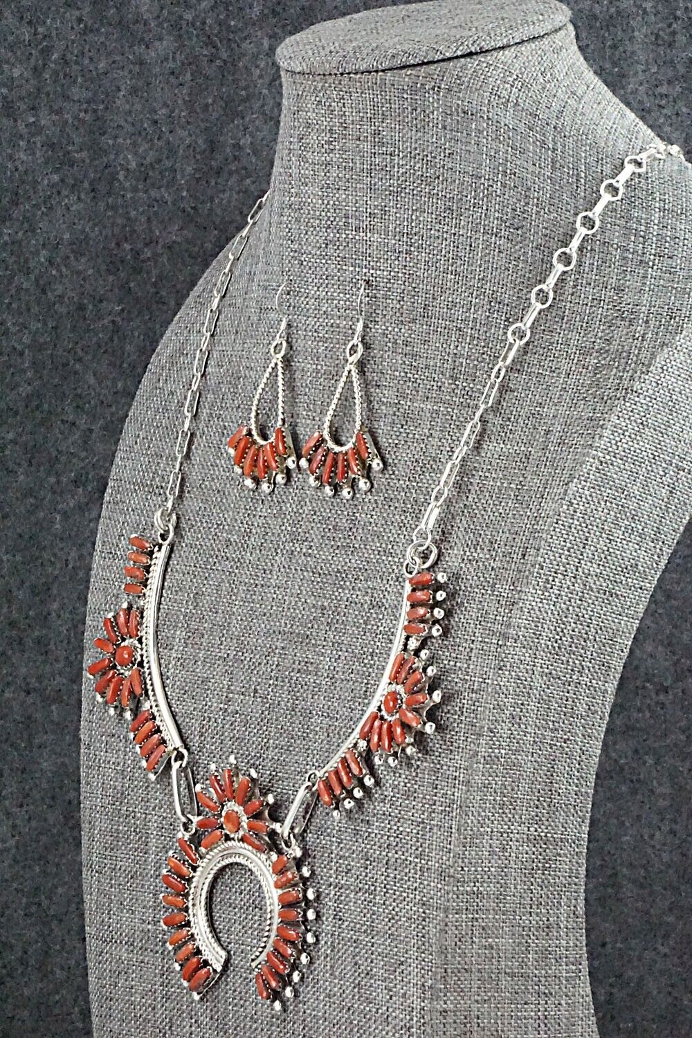 Coral & Sterling Silver Necklace and Earrings Set - Vangie Tsabetsaye
