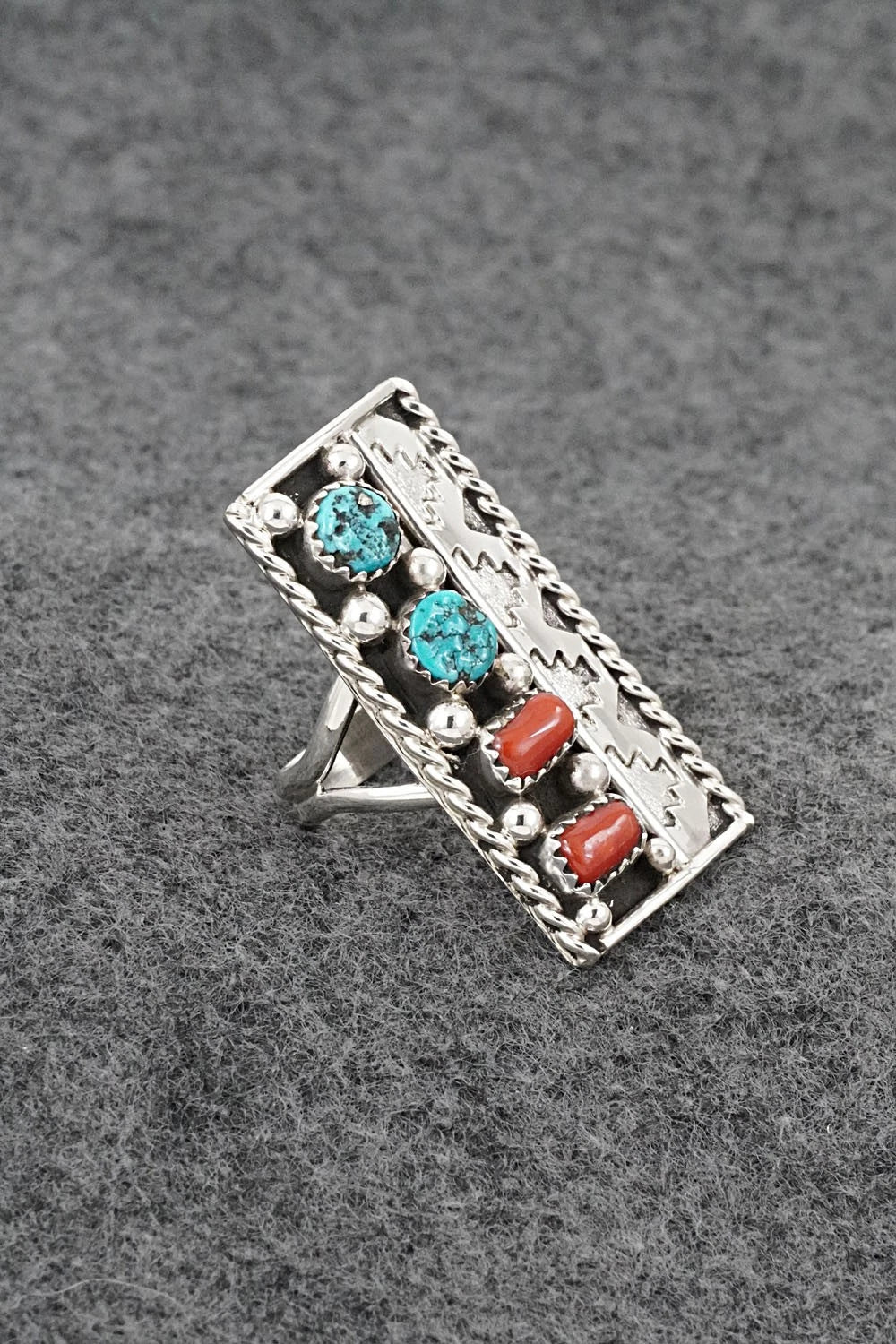 Turquoise, Coral & Sterling Silver Ring - Ronnie Spencer - Size 7