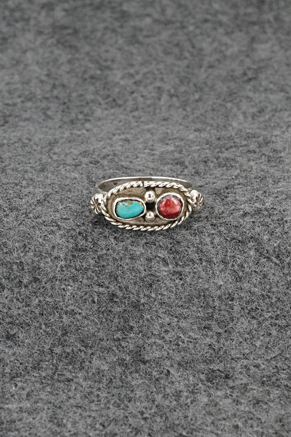Turquoise, Spiny Oyster & Sterling Silver Ring - Priscilla Reeder - Size 8.5
