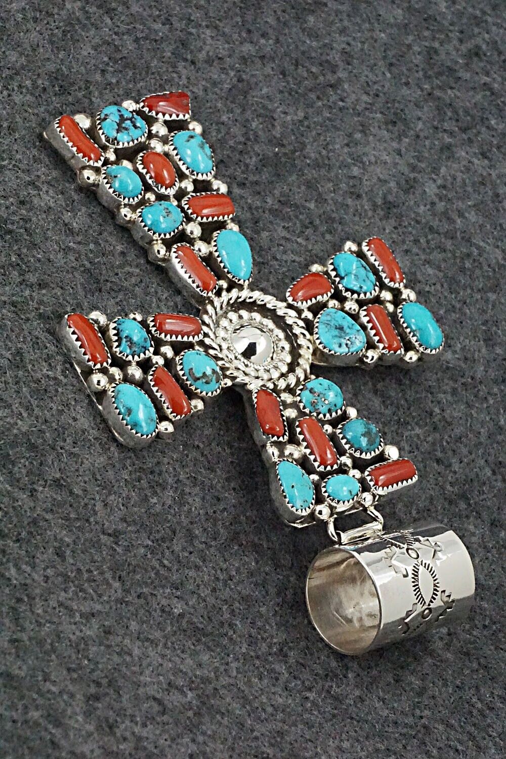 Turquoise, Coral and Sterling Silver Pendant - Marlene Haley