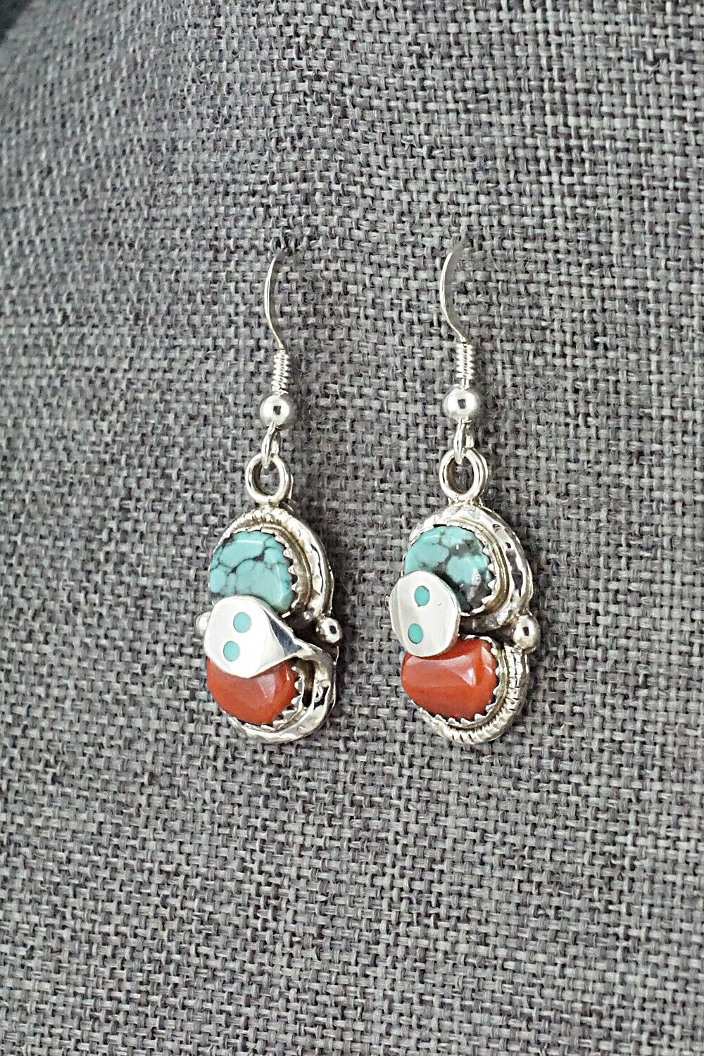 Turquoise, Coral & Sterling Silver Earrings - Joy Calavaza