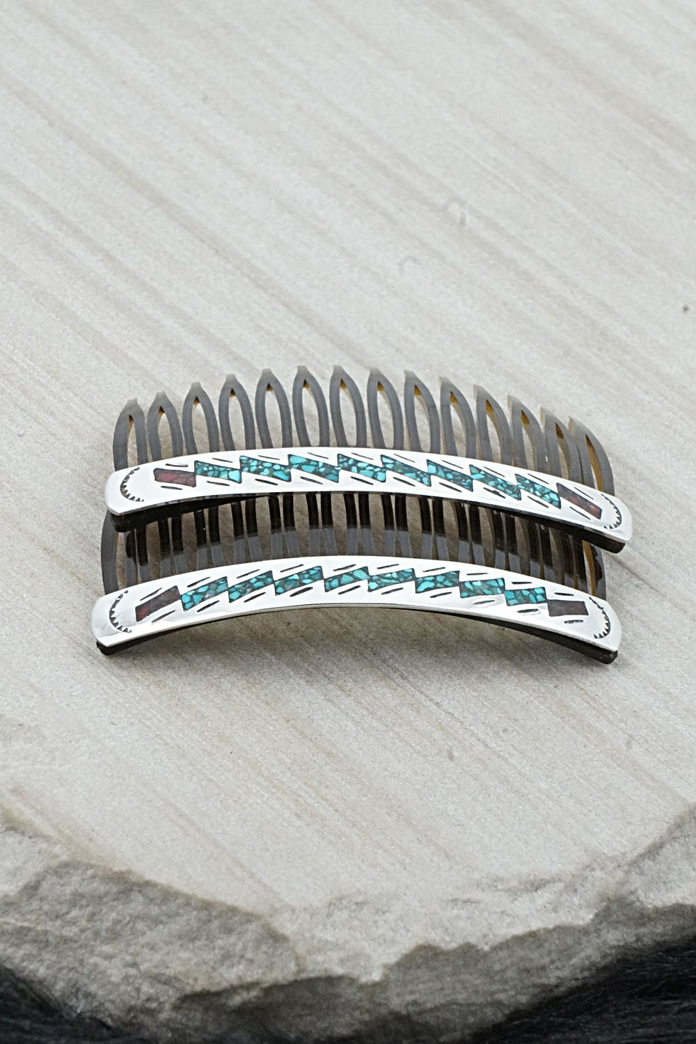 Turquoise, Coral Chip Inlay & Sterling Silver Hair Combs - Joleen Yazzie