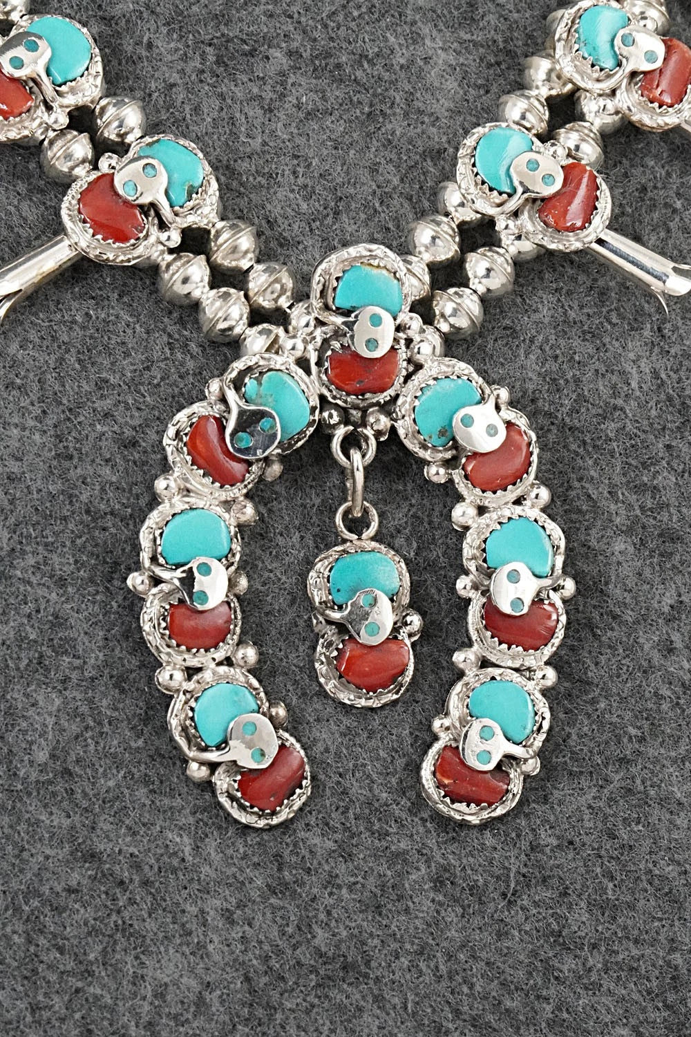 Turquoise, Coral & Sterling Silver Squash Blossom Set - Gayle Calavaza