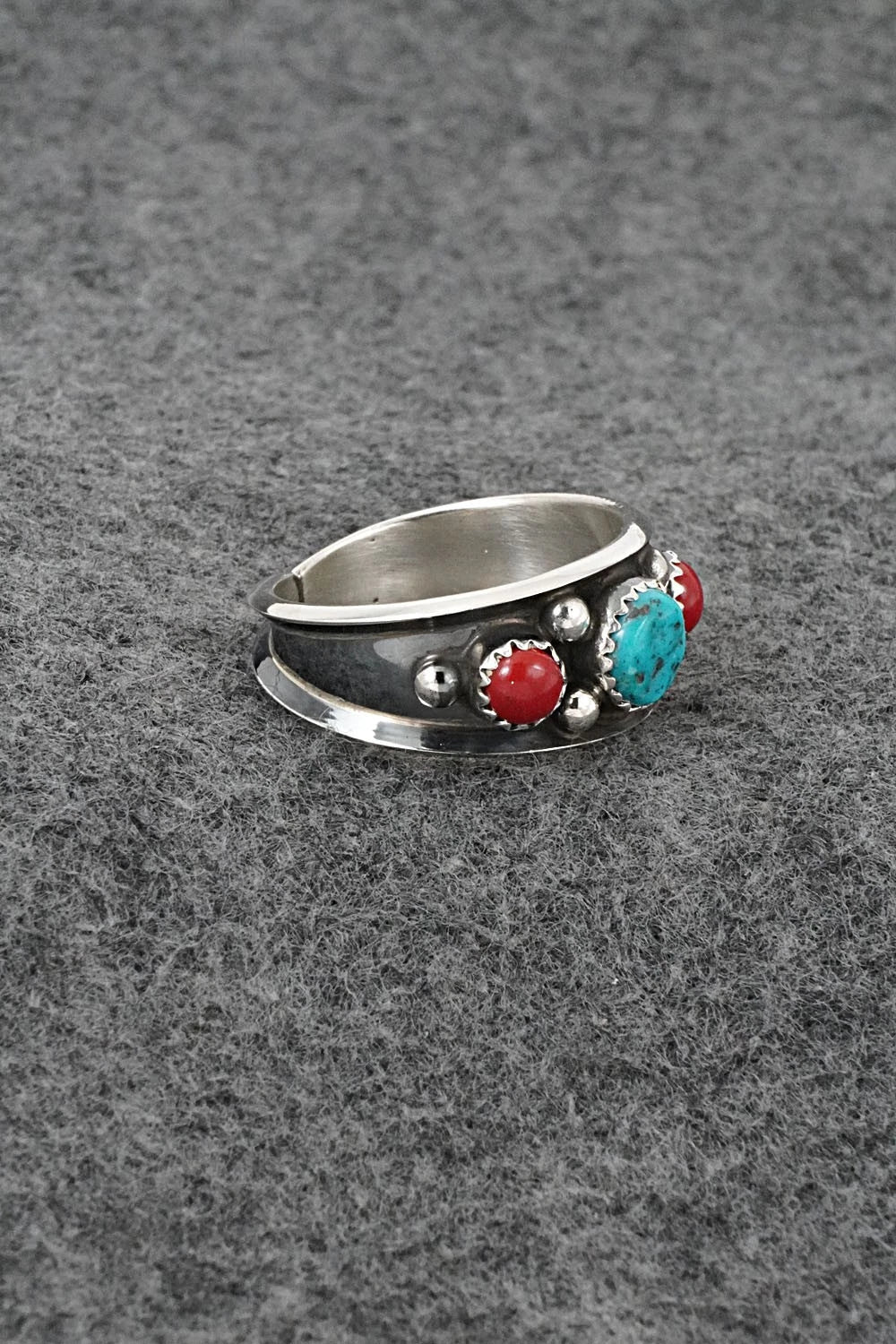 Turquoise, Coral & Sterling Silver Ring - Paul Largo - Size 12