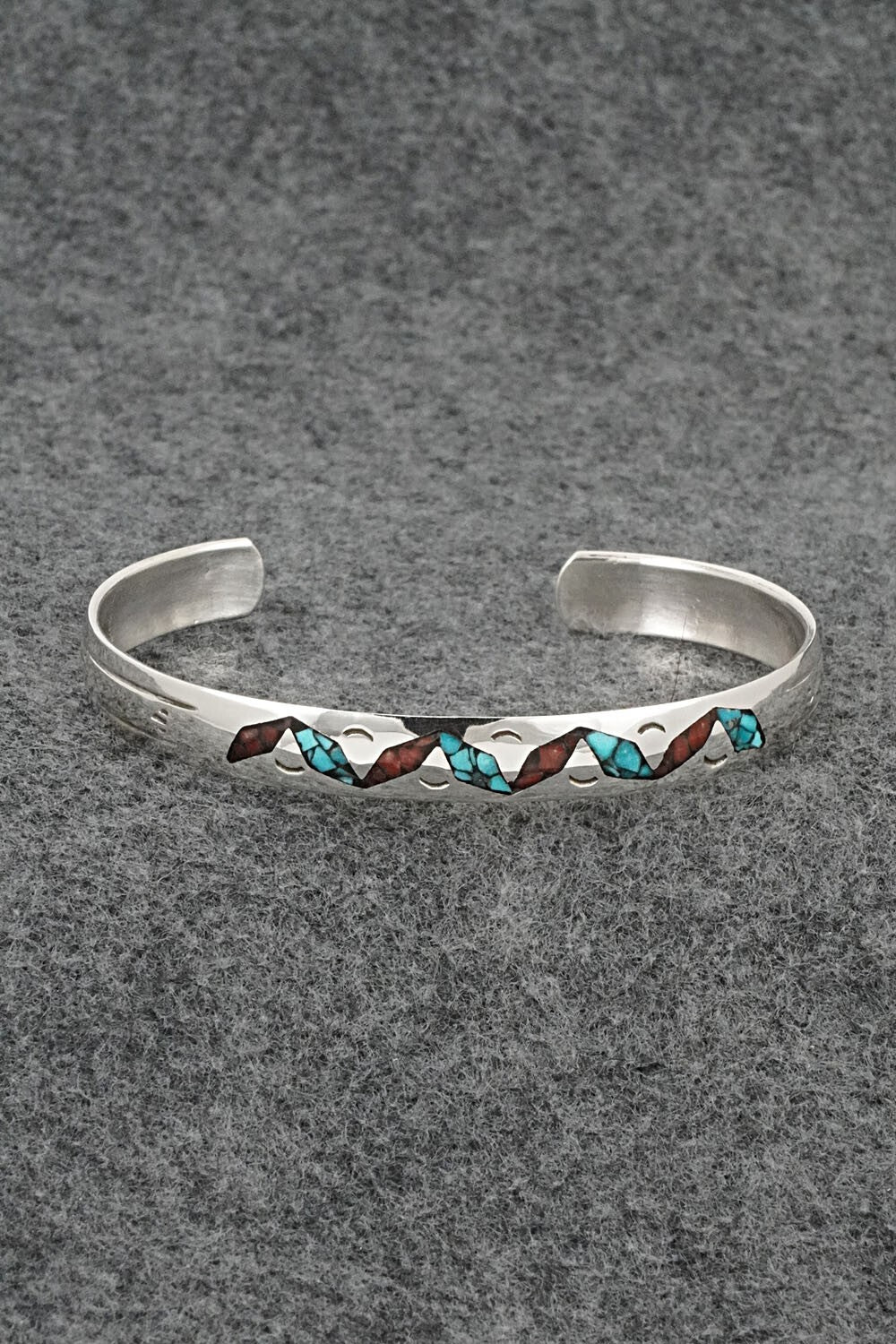 Turquoise, Coral Chip Inlay & Sterling Silver Bracelet - Joleen Yazzie