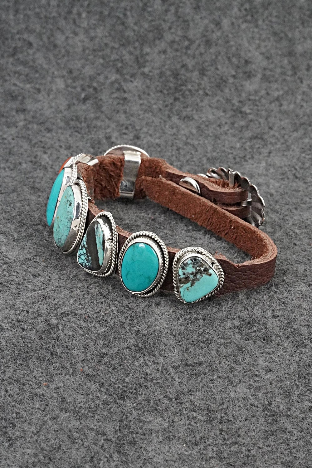 Turquoise, Spiny Oyster, Sterling Silver & Leather Bracelet - Marlene Ramone