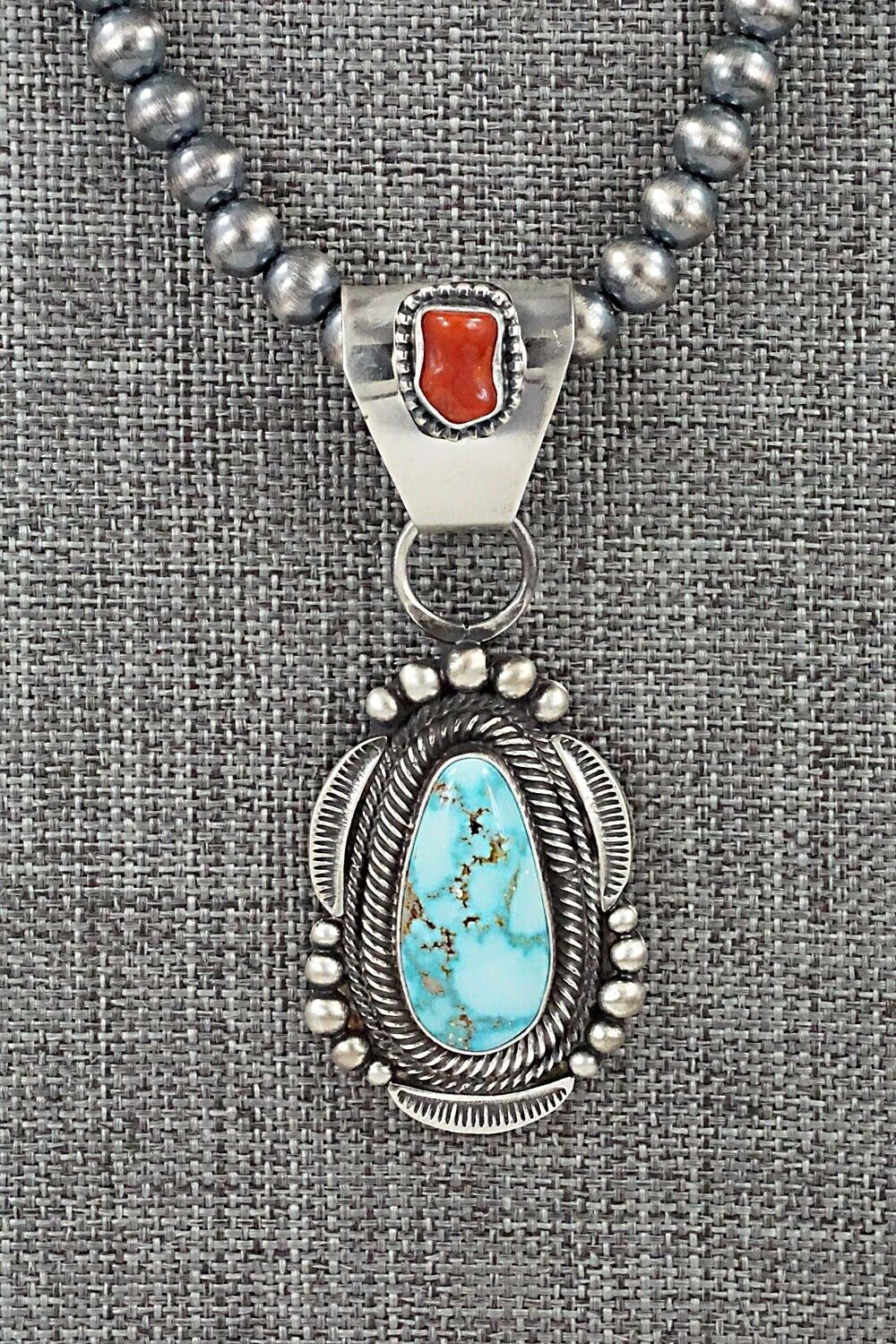 Turquoise, Coral & Sterling Silver Necklace - Tom Lewis